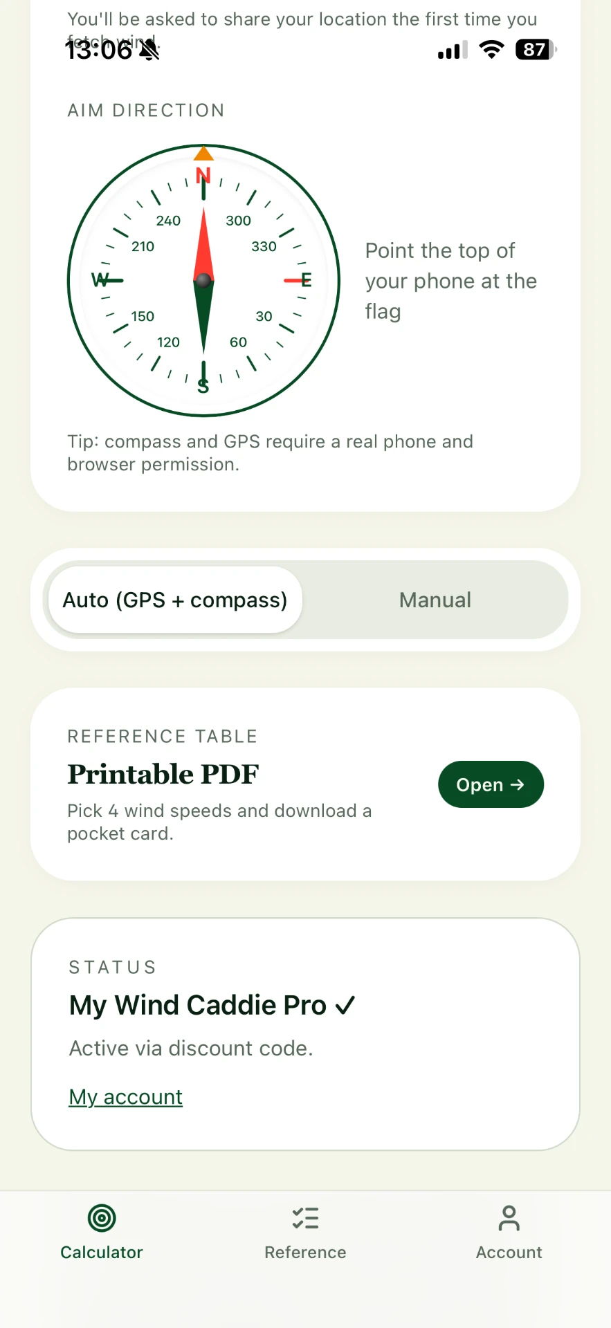 Referenstabell, kompassriktning och Pro-status i appen