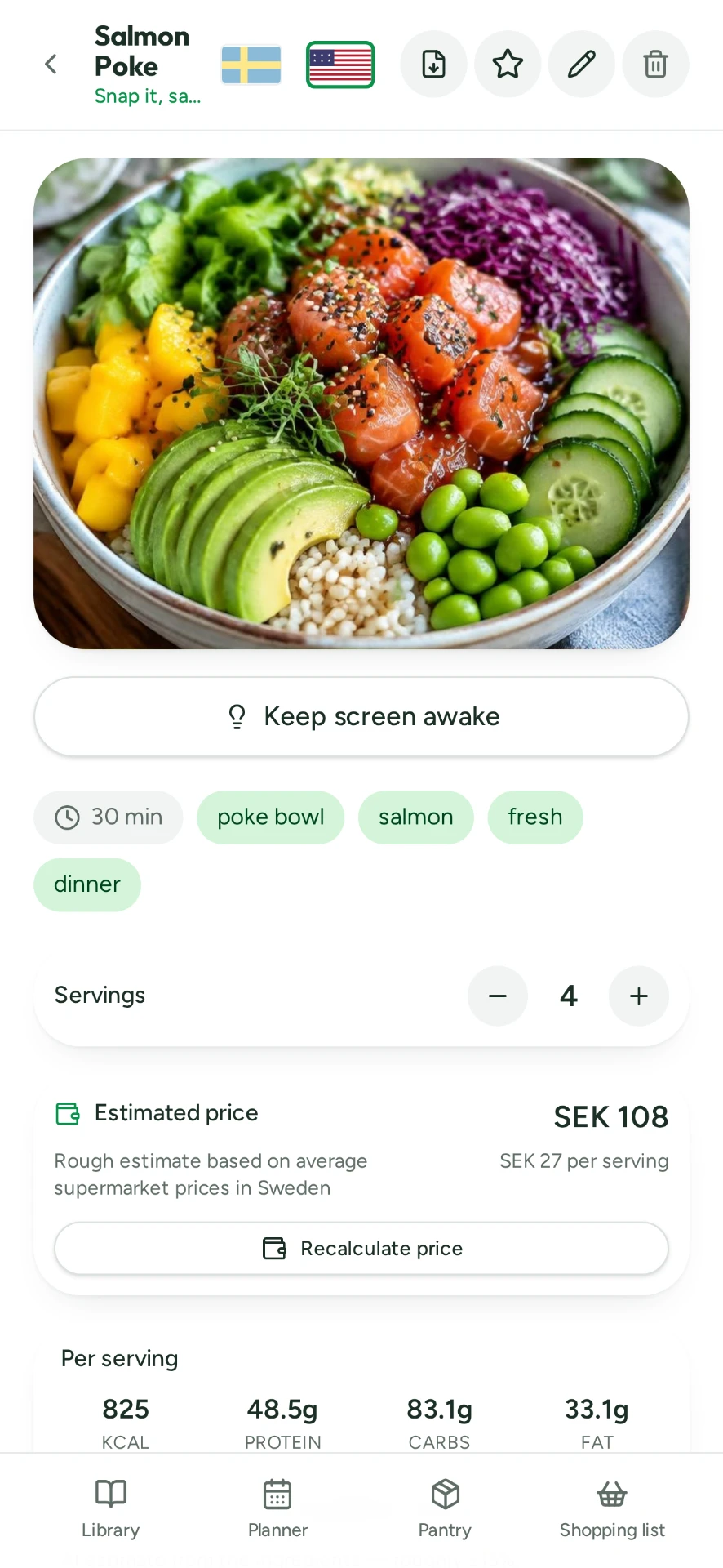 Yumish – recipe view with price and nutrition