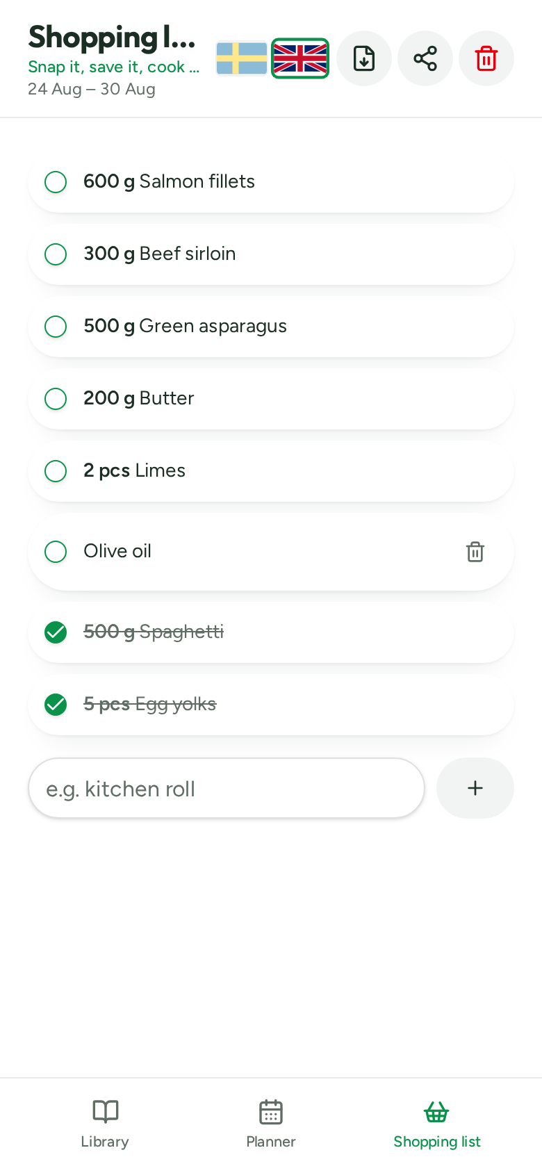 Dishly – shopping list