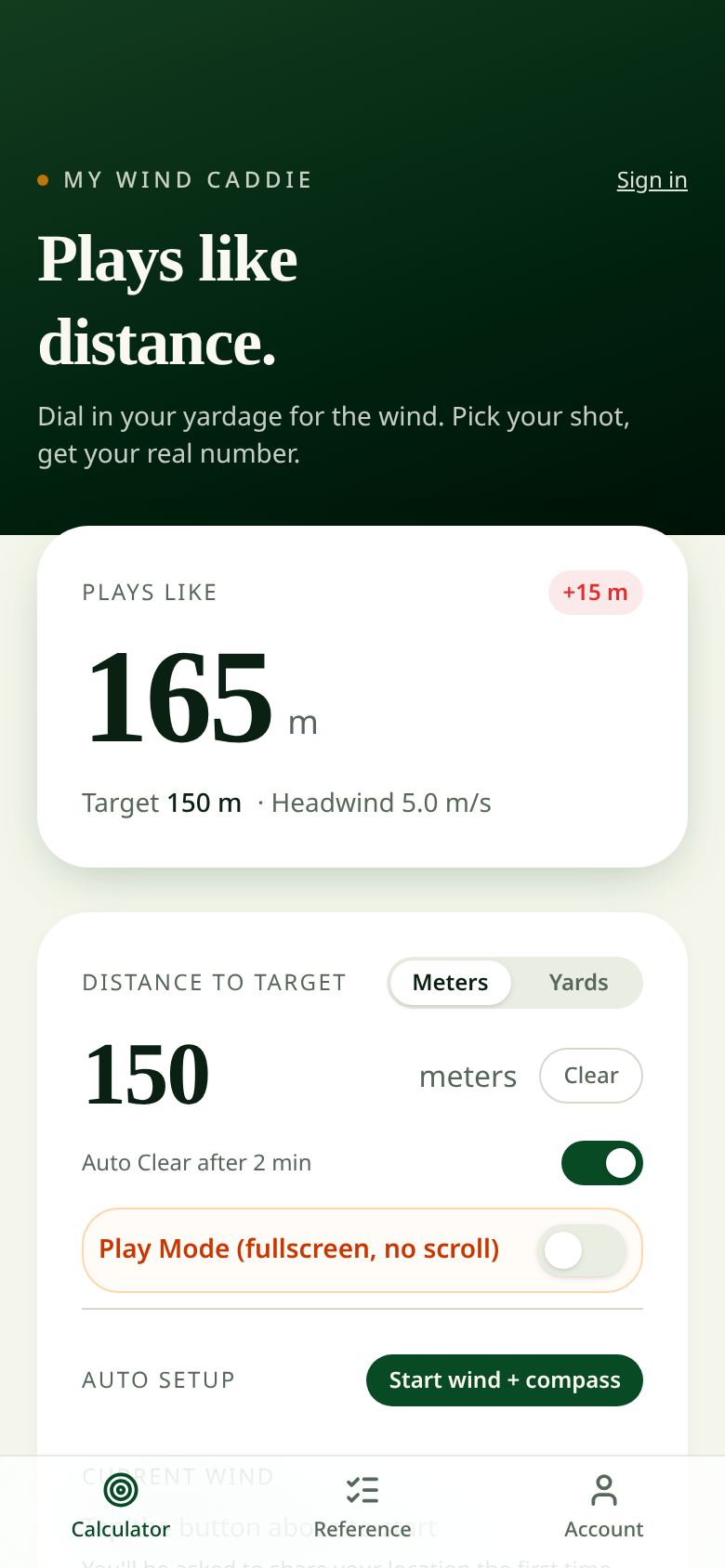 The calculator shows a plays-like distance of 165 m for 150 m into a headwind