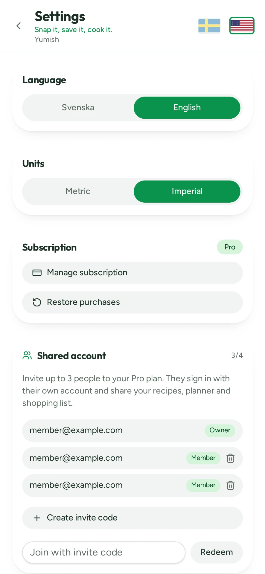 Yumish – settings and shared account