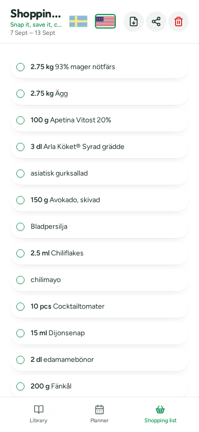 Dishly – inköpslista