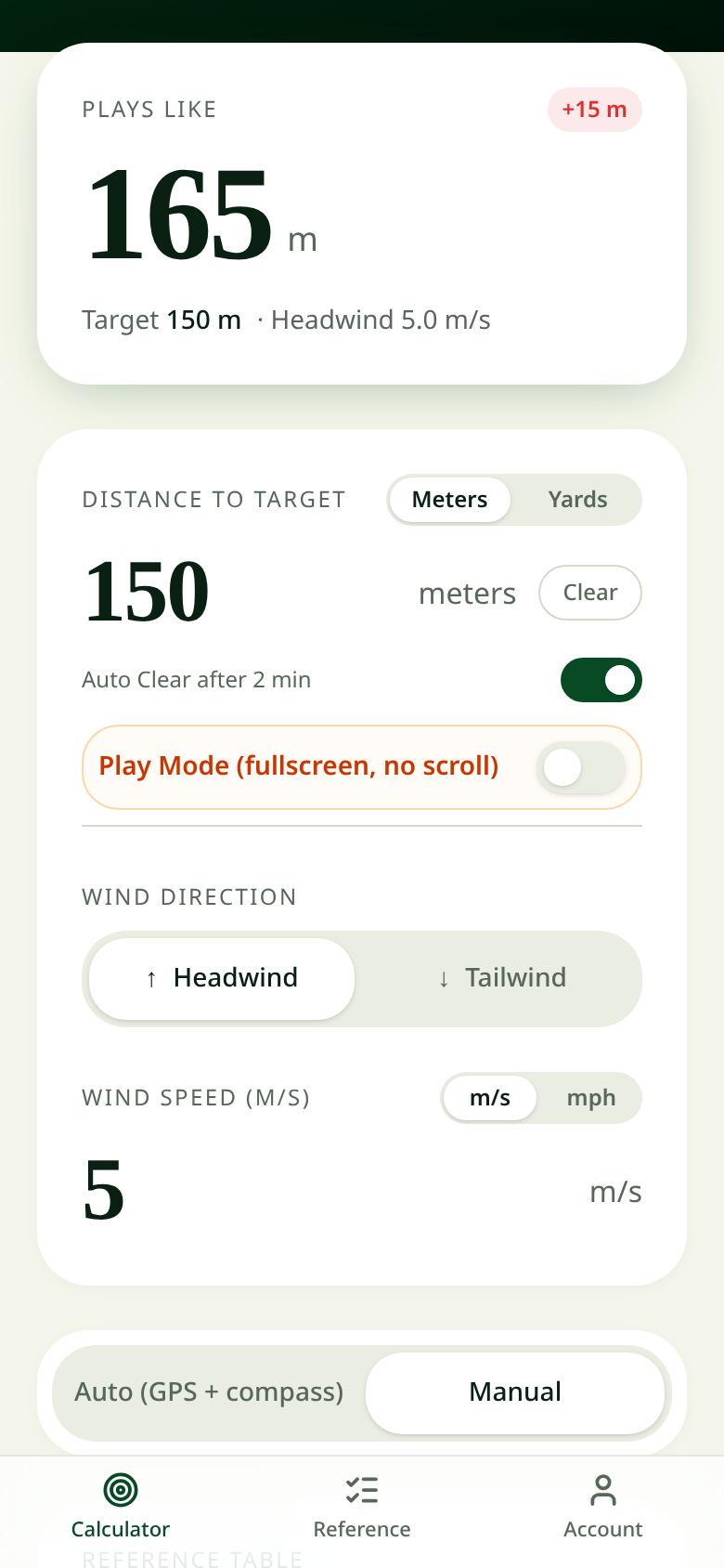 Manual mode with wind direction and speed selection