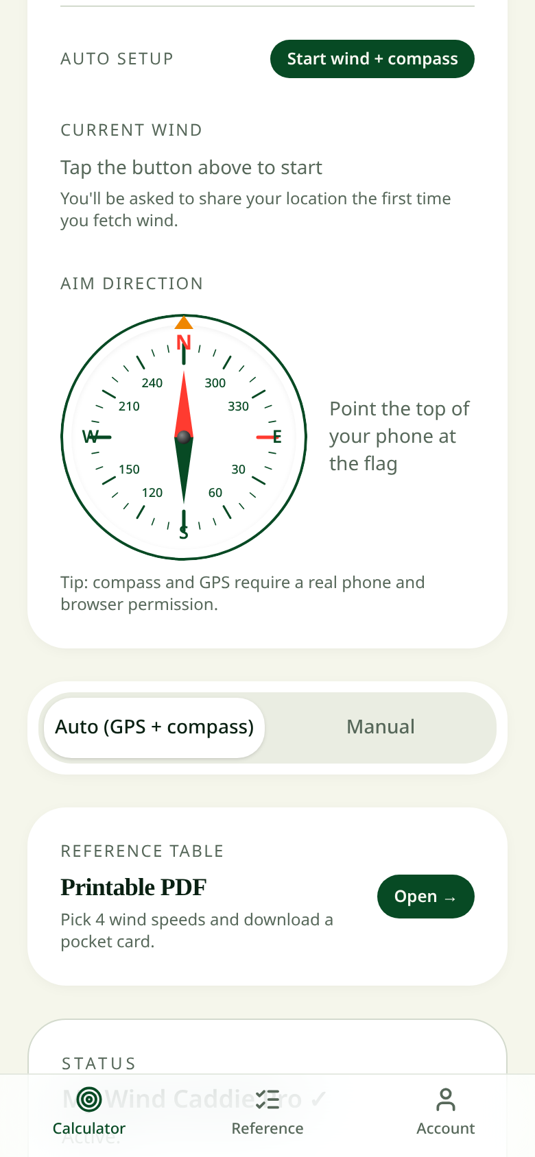 Compass-guided wind reader with auto mode via GPS and compass