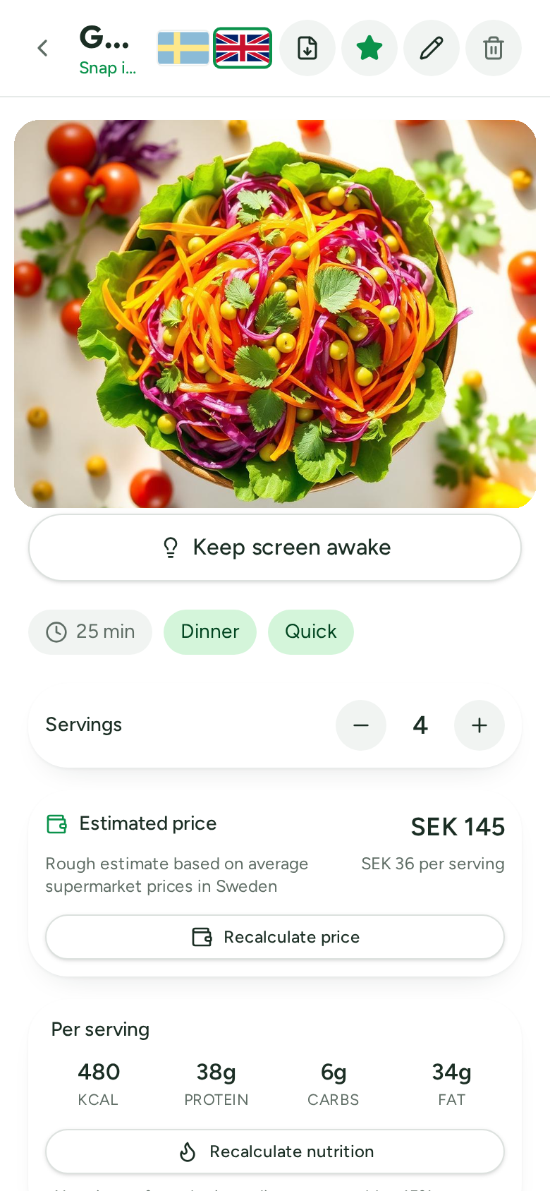 Dishly – recipe view with nutrition